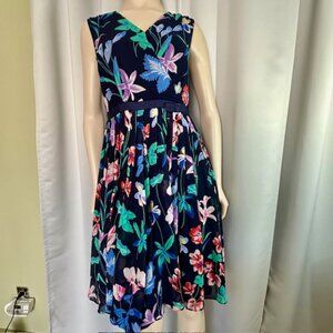 TALBOTS |Navy Floral Pleated Chiffon Surplice Neckline Sleeveless Dress Size 6P